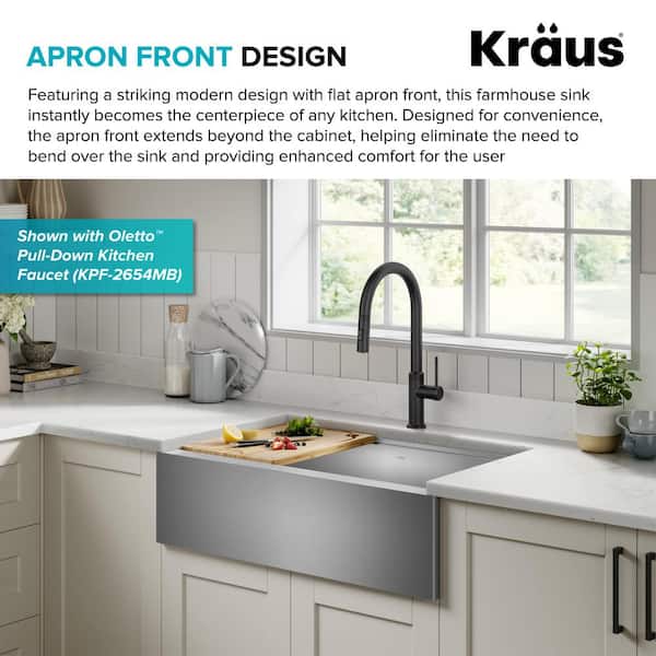 Kraus KWF210-33/PGM Kore Workstation 33 inch Farmhouse Apron Front 16 Gauge Stainless Steel Single Bowl Kitchen Sink in PVD, Gunmetal