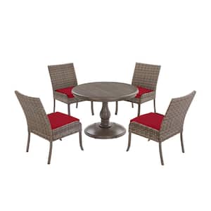 Windsor 5-Piece Brown Wicker Round Outdoor Patio Dining Set with CushionGuard Chili Red Cushions