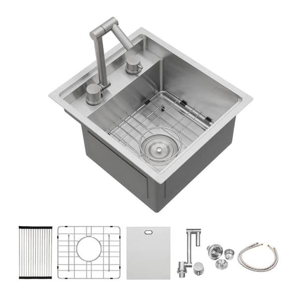 Zeus & Ruta 15 in. Undermount Single Bowl 16-Gauge Stainless Steel Bar Sink with Folding Faucet and Cutting Board