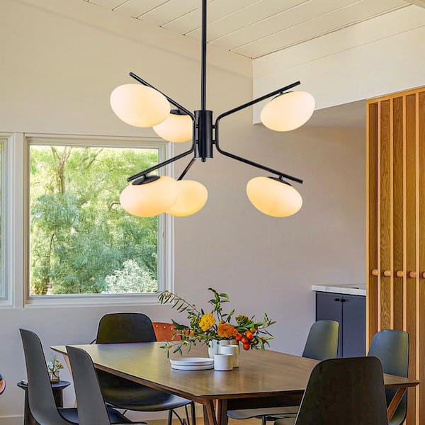 6-Light Black Sputnik Chandelier Ceiling-Light Height Adjustable with Frosted Glass Shade for Dining Room