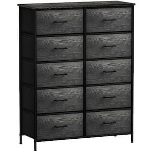 10-Drawer Black Dresser Steel Frame Wood Top Easy Pull Fabric Bins 47 in. H x 34 in. W x 12 in. D