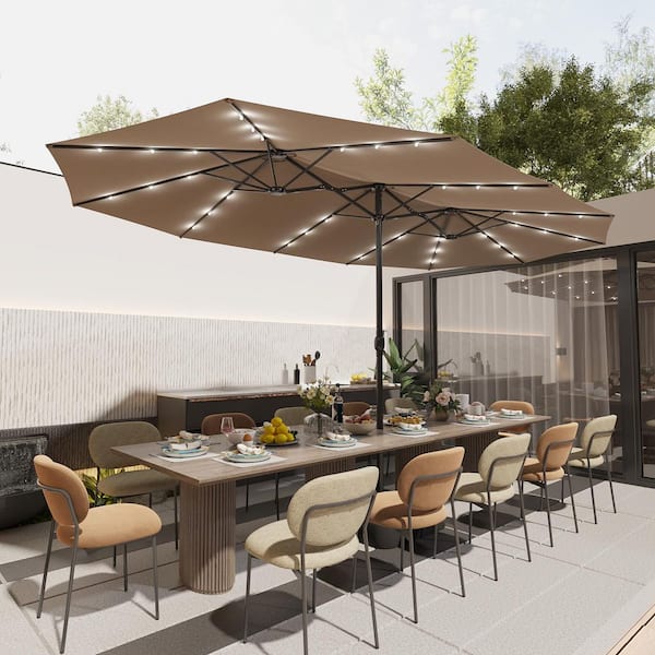 15 ft. Large Market Patio Umbrella with 36 Solar Lights, Double-Sided Outdoor Cantilever Umbrella with Base in Beige