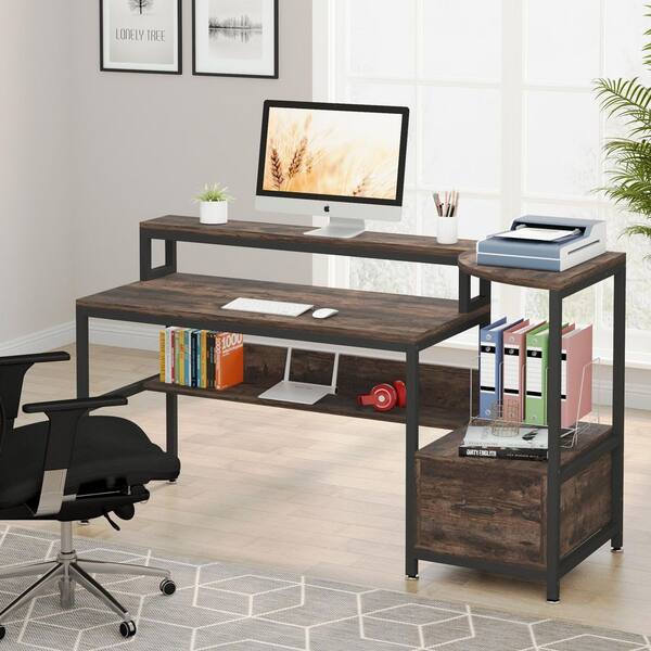 Home Office Desk with File Drawer, 66'' Large Computer Desk with Hutch,  Storage Shelves, Printer Cabinet and Monitor Shelf, Computer Table Study  Writing Desk Workstation, Rustic Brown 