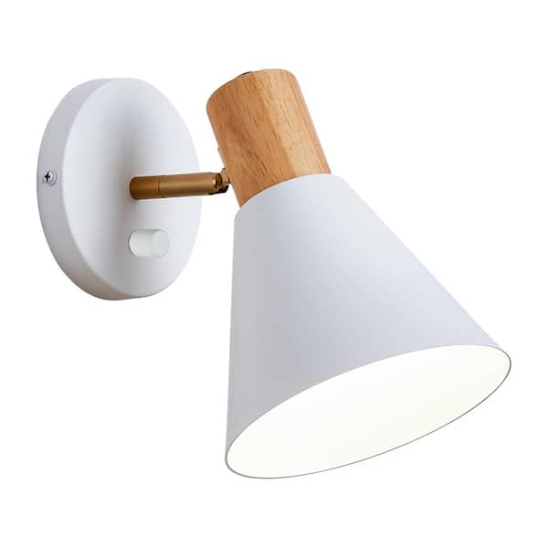 Single Light White Plug In Wall Sconce with Dimmable Wood Style Shade Adjustable Reading Fixture