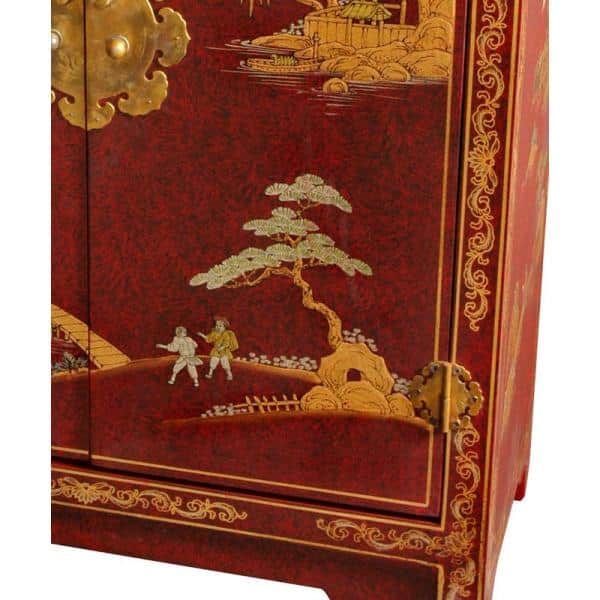 Handcrafted Red Lacquer Oriental Cabinet with Antique Brass Hardware