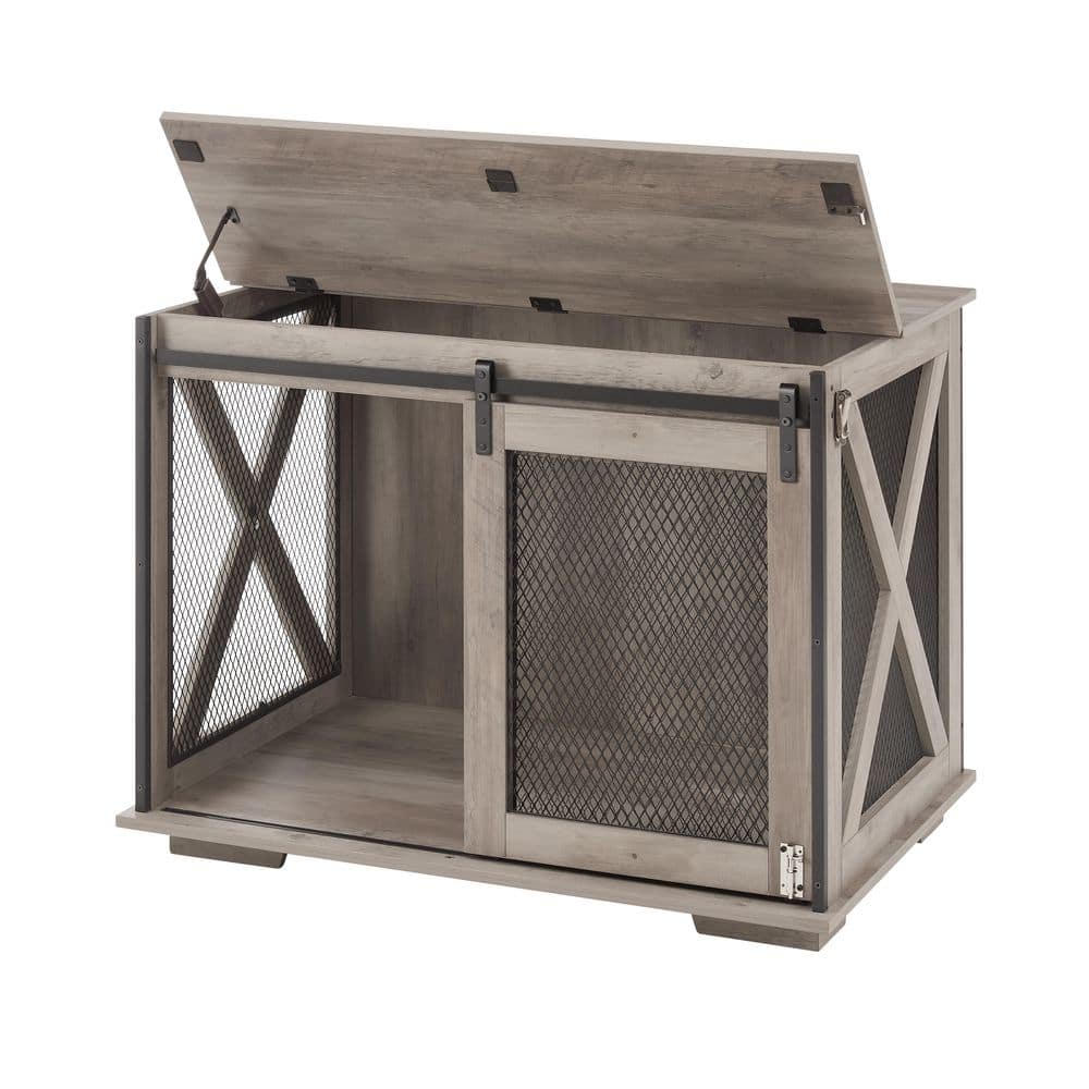 Farmhouse Dog Cage Crate Furniture, Wooden Dog Kennel End Table with Sliding Barn Door, Flip-top Plate, Gray price history on PriceWatchPro