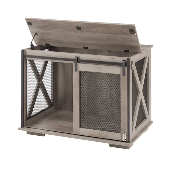 Tatayosi Farmhouse Dog Cage Crate Furniture, Wooden Dog Kennel End Table with Sliding Barn Door, Flip-top Plate, Gray