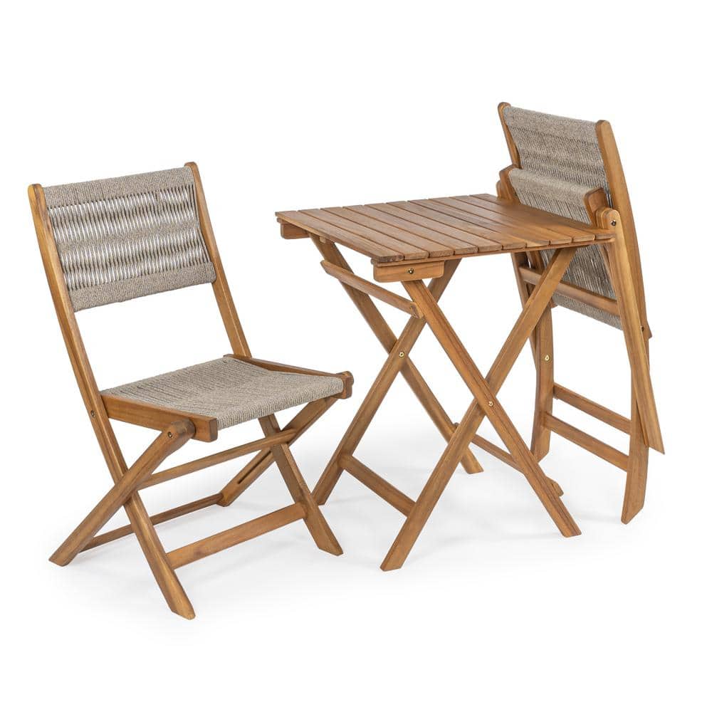 Beige and Teak Brown Acacia Wood Outdoor Folding Bistro Set