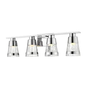 Ethos 32 in. 4-Light Chrome Integrated LED Shaded Vanity Light with Clear Chisel Glass Shade