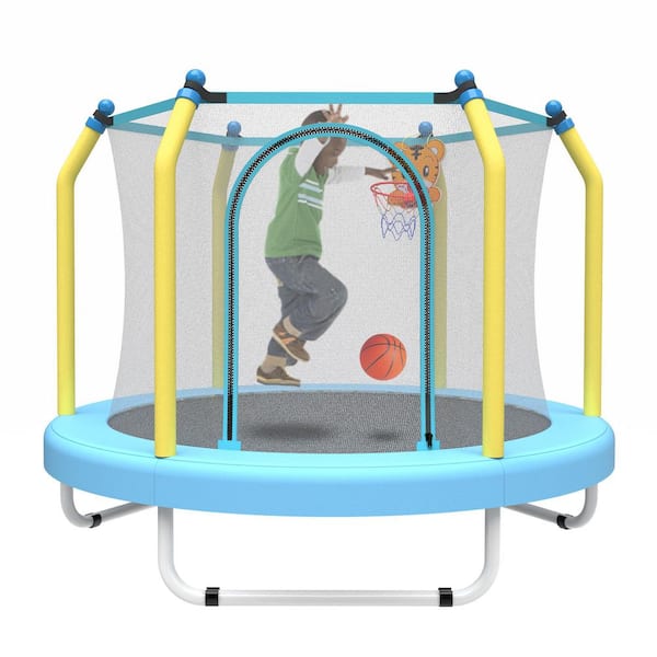 Kelmor 55 in. Indoor & Outdoor Recreational Trampoline for Kids with Safety Enclosure Net and Basketball Hoop, Blue
