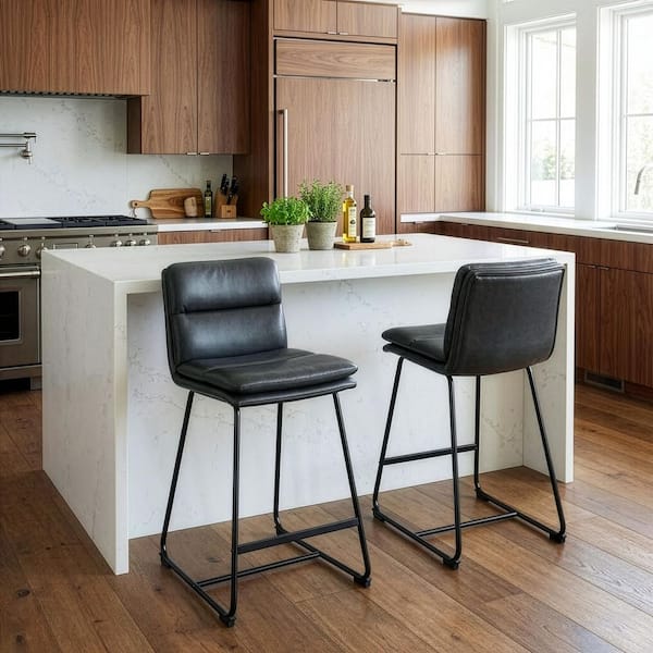 Aulani Grey Upholstered Metal Frame 26.5 in. Counter Stool with Puffy Cushions (Set of 2)