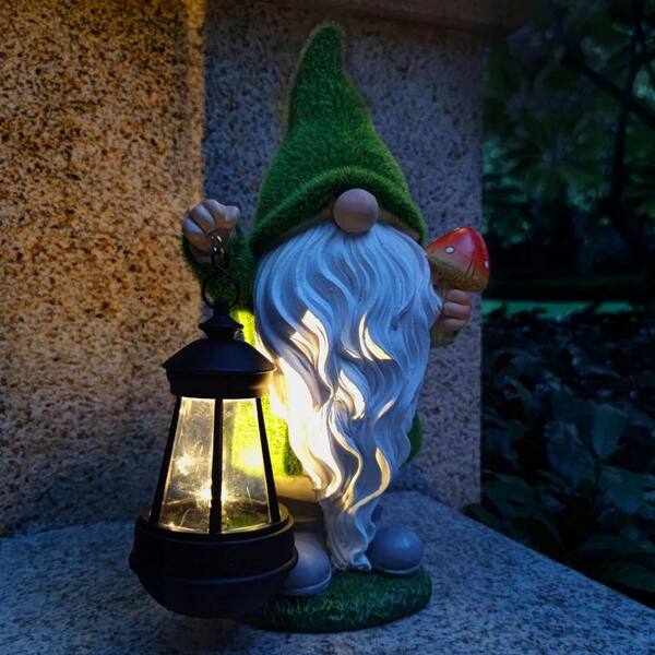 8 in. x 12 in. Green Resin Solar Gnomes Garden Statue with Solar