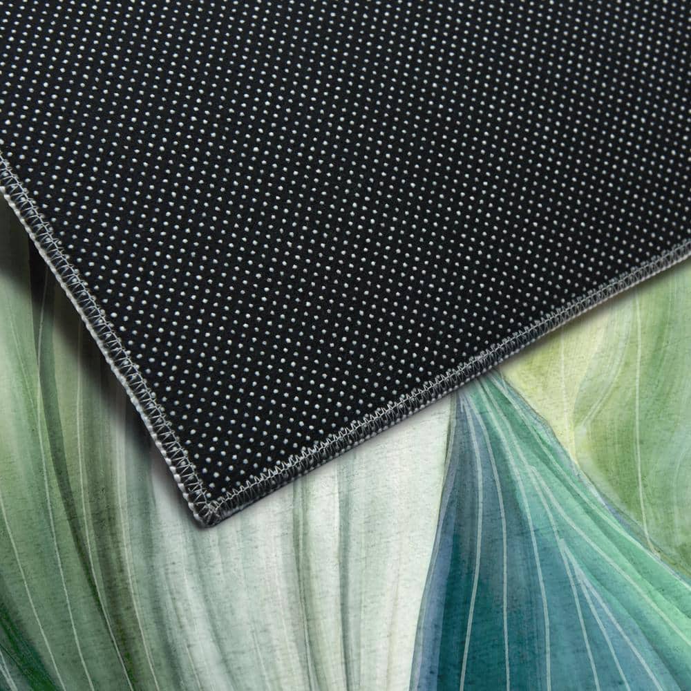Green and Blue Leaf Pattern Washable Synthetic Area Rug 5' x 7'