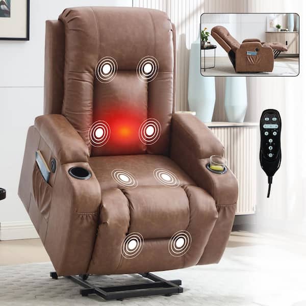 Chestnut Infinite Position Breathable Leather Power Recliner Lift Chair for Elderly with Massage, Heat, and USB Port
