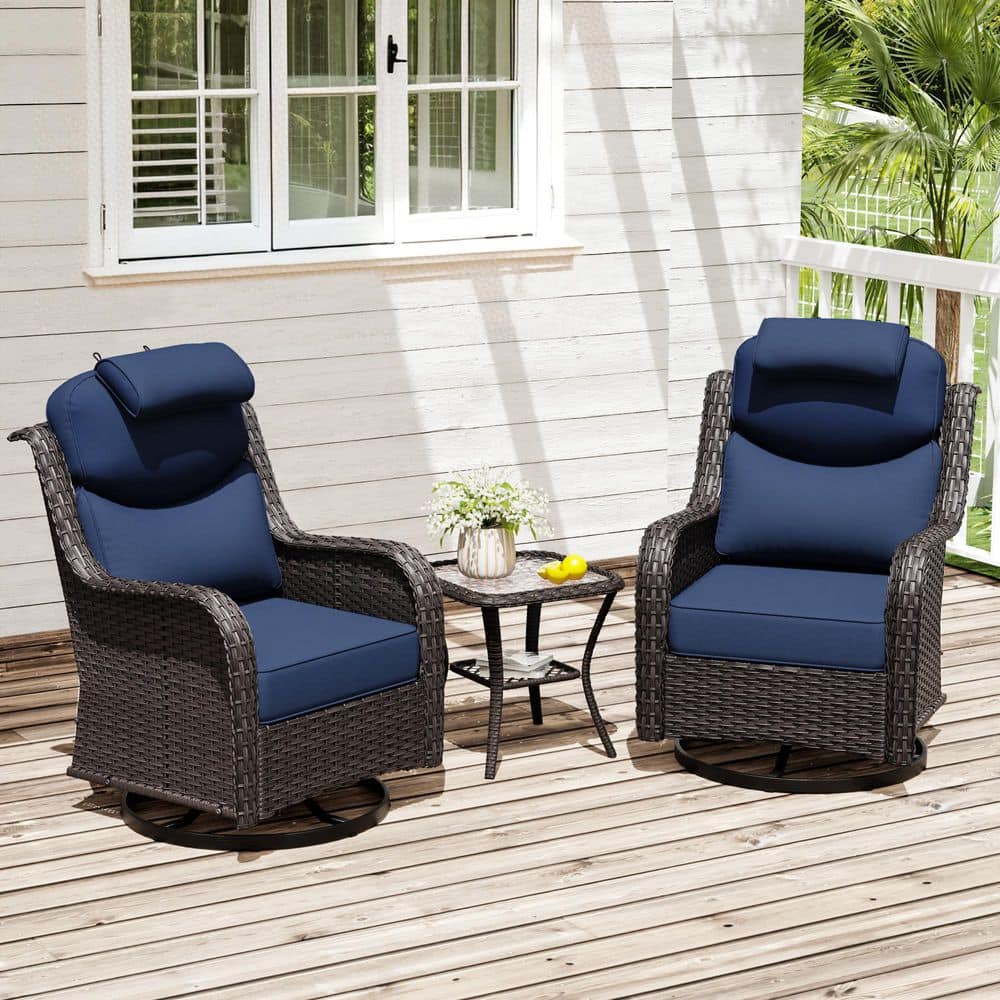 3-Piece Brown Wicker Outdoor Rocking Chairs Set with Headrest, Blue Cushions and Side Table price history on PriceWatchPro