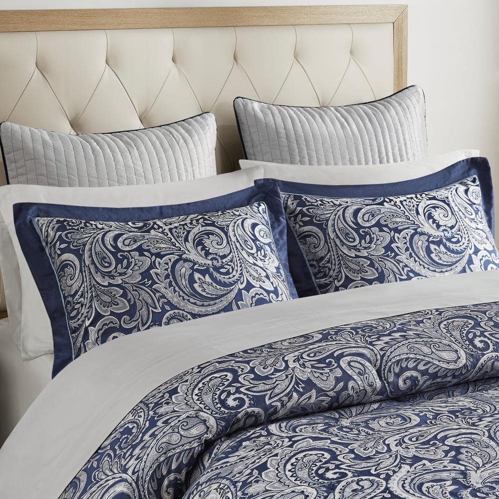 Navy Jacquard Cotton Queen 12-Piece Bedding Set