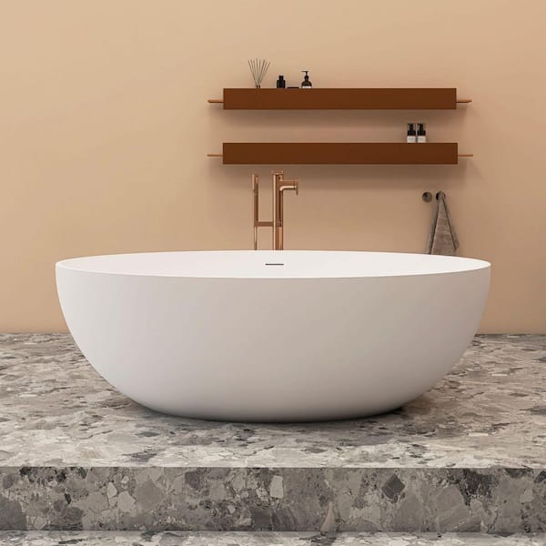 67 in. x 40 in. Solid Surface Stone Resin Flatbottom Freestanding Oval Soaking Bathtub in Matte White