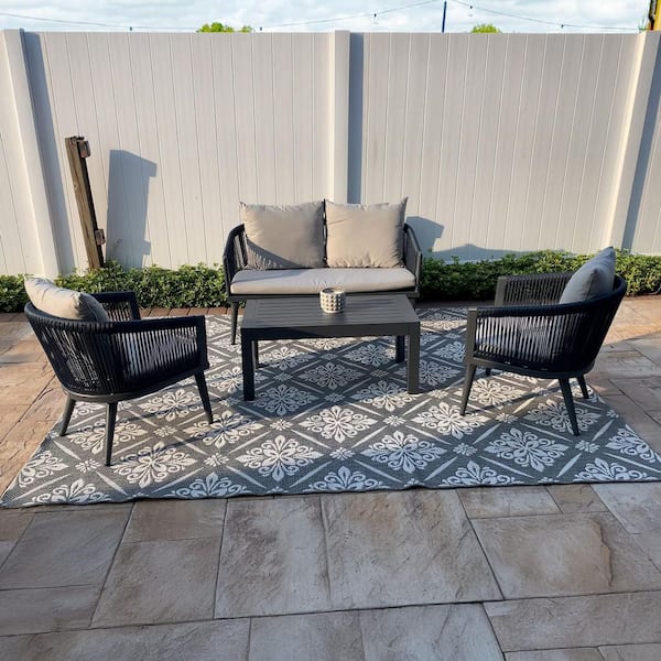 PURPLE LEAF 4-Piece Aluminum All-Weather Wicker Patio Conversation Set with Thick Sofa Cushions, Grey