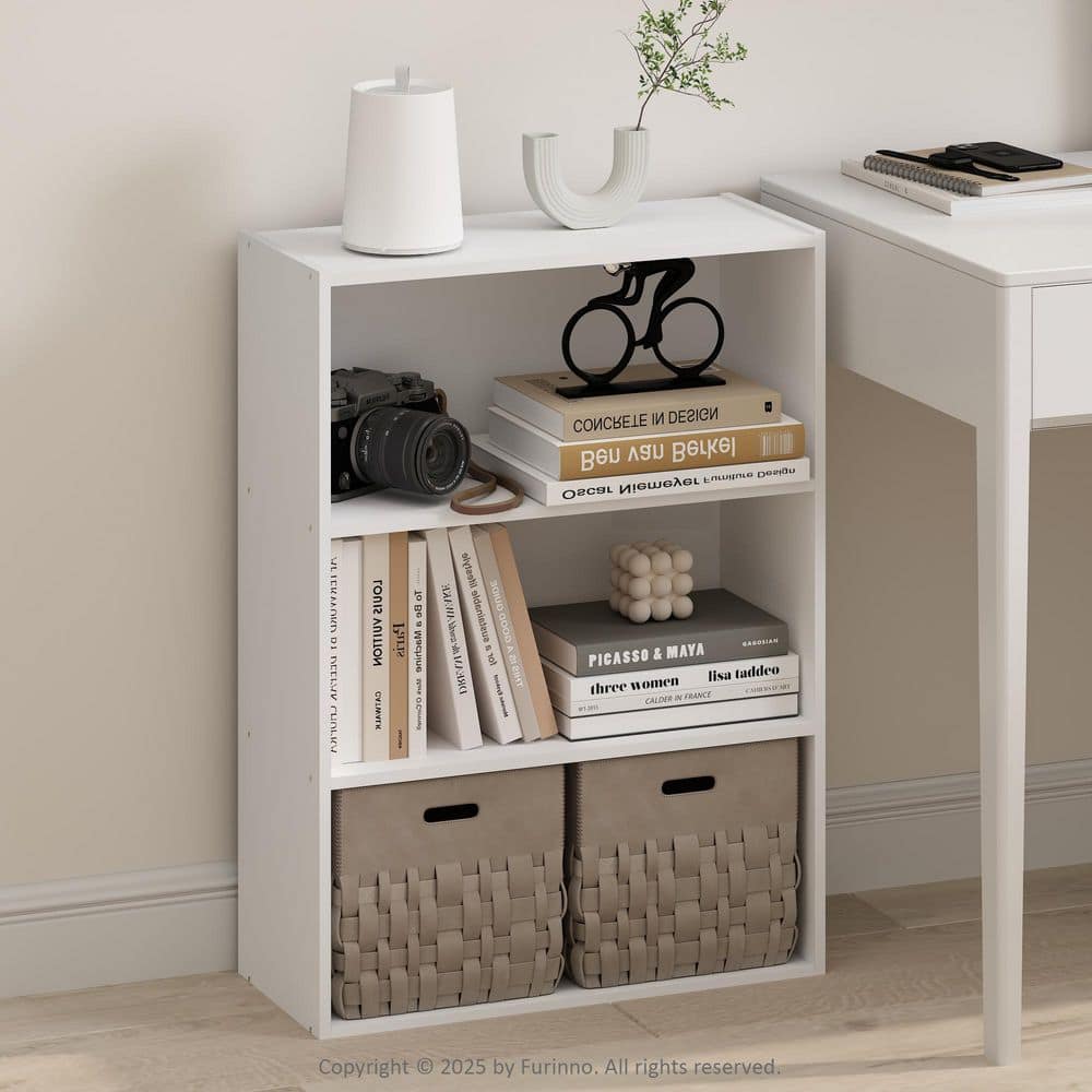 Furinno Simple 31.5 in. Tall Plain White Wood 3-Shelf Bookcase