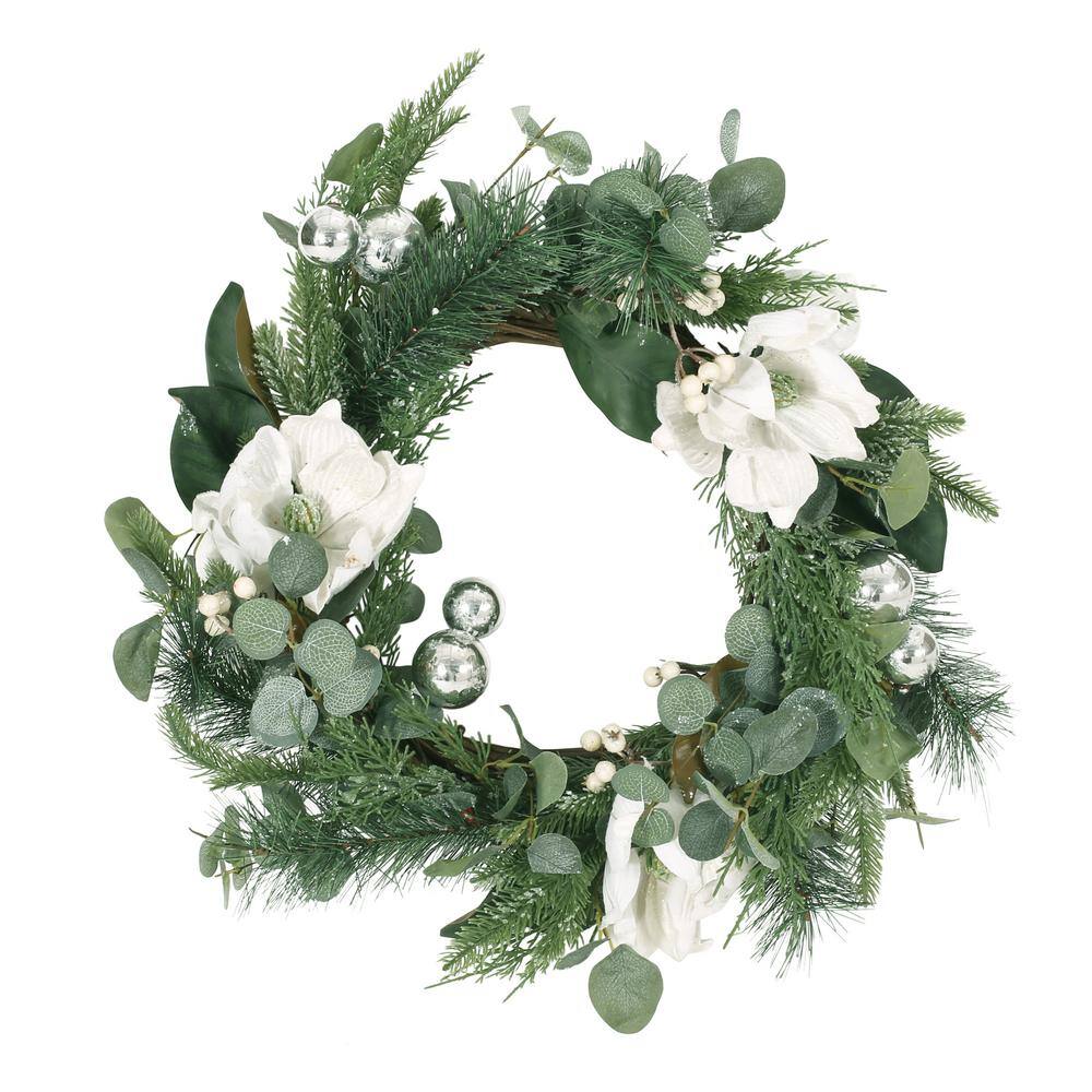 Beautiful 1.8 ft. White Green Artificial Leaves and Magnolia Wreath Garland