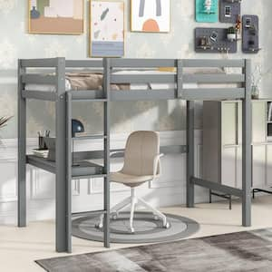 Gray Twin Size Wooden Loft Bed with Built-in Desk