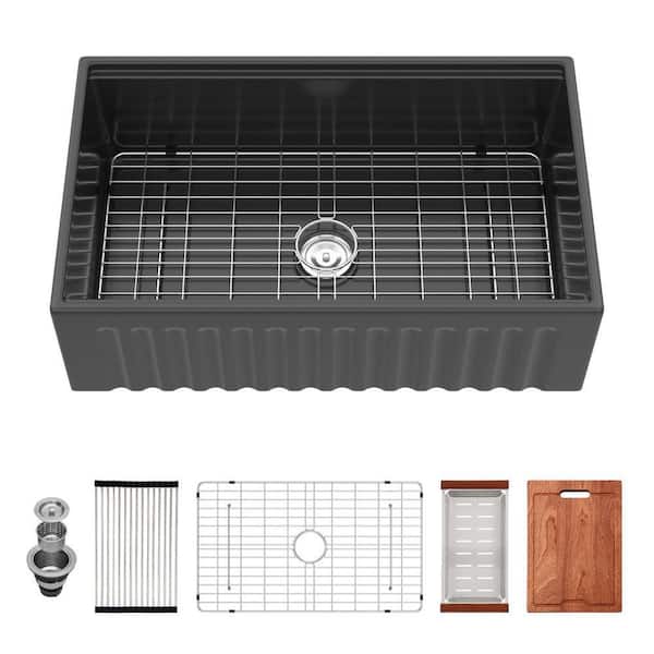 33 in. Farmhouse Single Bowl 16 Gauge Matte Black Ceramic Kitchen Sink with Cutting Board, Basket Strainer and Colander