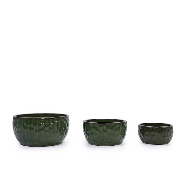 Antique Green Set of 3 Mixed Size Outdoor Ceramic Plant Pots Stylish Ceramic Planters for Indoor Outdoor Use