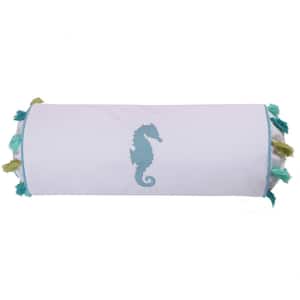Ocean Springs White, Teal and Green Seahorse Embroidered with Tassels 7 in. x 18 in. Throw Pillow