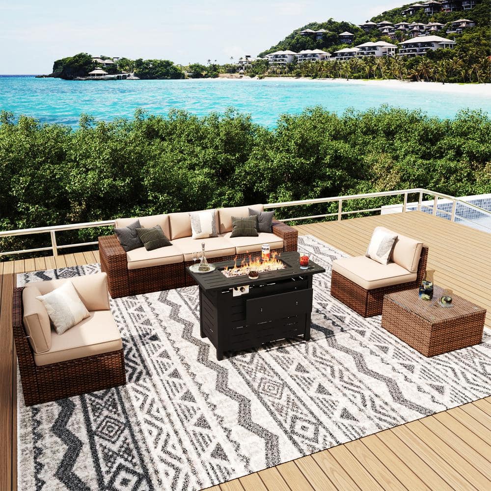 7-Piece Patio Wicker Sectional Set with 40 in. Metal Fire Pit Table, Brown Cushions, and Set Covers price history on PriceWatchPro