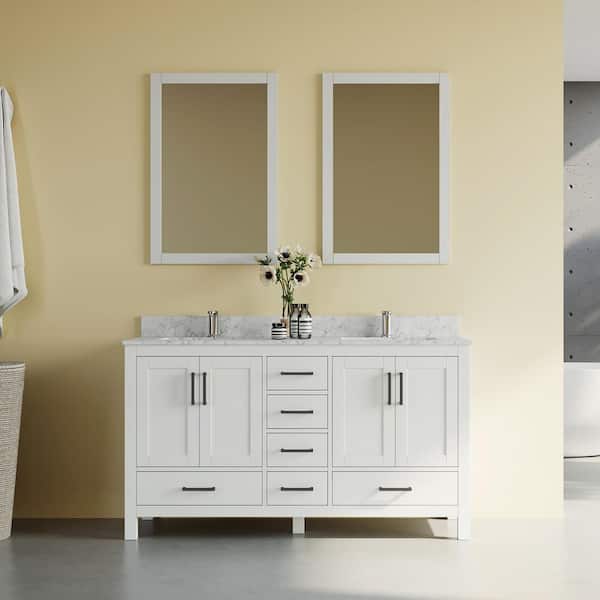 MEDUNJESS 60 in. W x 22 in. D x 35 in. H Double Sinks Bath Vanity Cabinet in White with Cultured Marble Top and Mirror