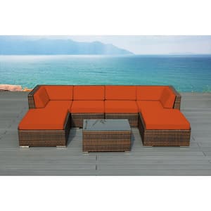 Ohana Mixed Brown 7-Piece Wicker Patio Seating Set with Supercrylic Orange Cushions
