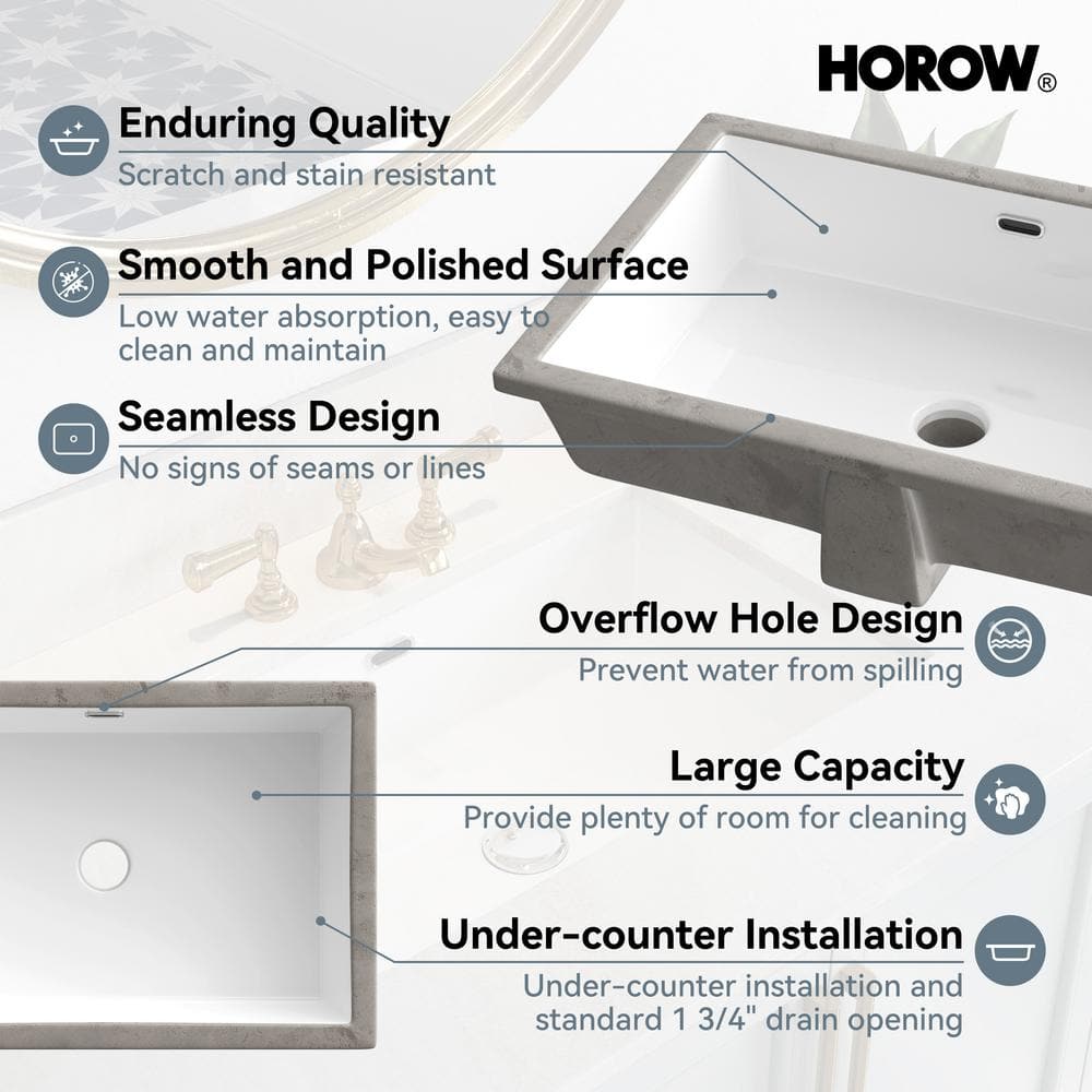 23.6" White Ceramic Undermount Rectangular Bathroom Sink with Overflow