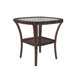 Brown Patio Metal Side Table with Storage Shelf and Glass Top