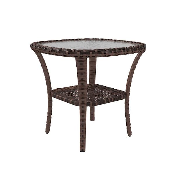 Sudzendf Brown Patio Metal Side Table with Storage Shelf and Glass Top
