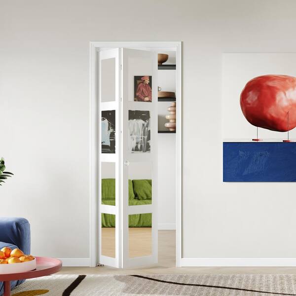 30 in x 80 in 4 Lite, Mirrored Glass, Solid Core, MDF, PVC Covering Bi-Fold Door with Hardware Kits
