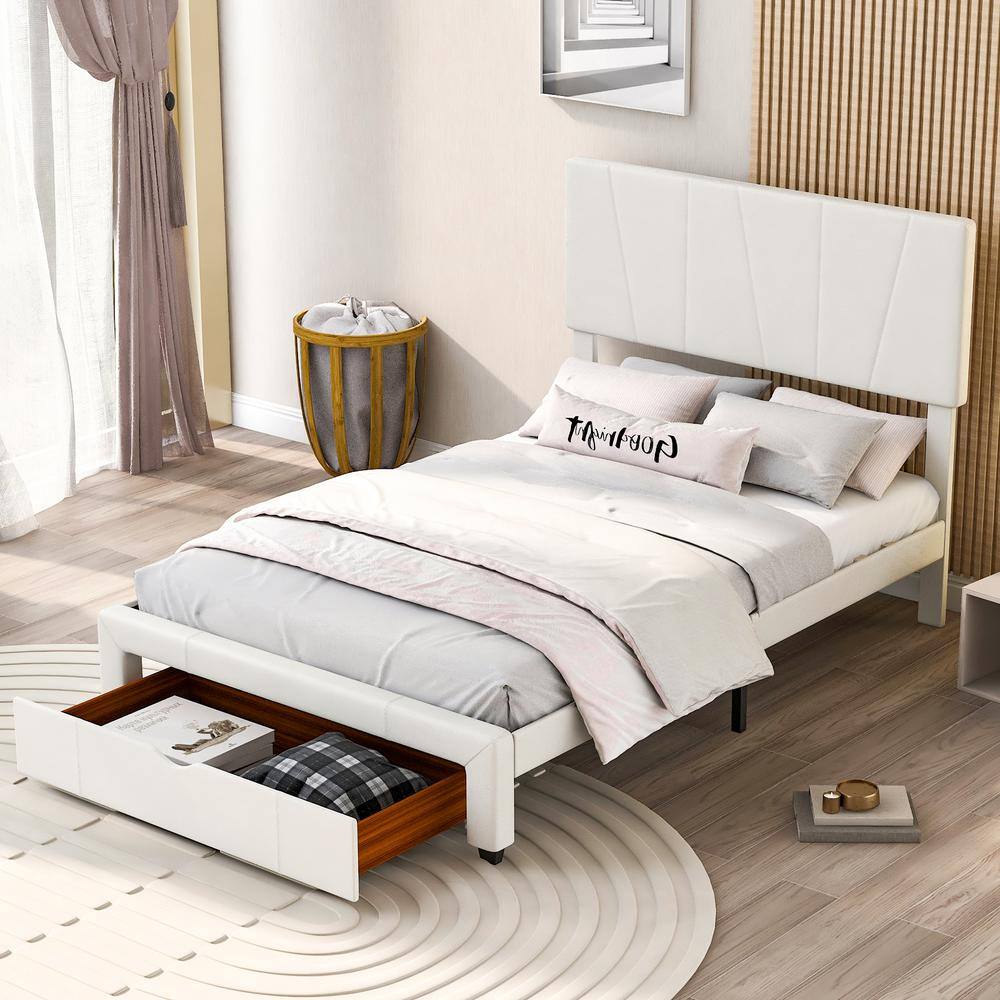 GODEER Beige Wood Frame Full Size Upholstery Platform Bed with 1Drawer