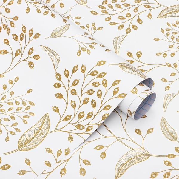 White and Gold Boho Floral Self-Adhesive Removable Peel and Stick Wallpaper Roll
