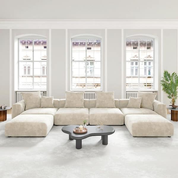Magic Home Modern 181 in. Square Arm Corduroy Modular Oversized Floor Sectional Sofa Couch with Ottoman, Removable Covers in. Beige