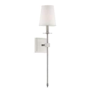 Monroe 5 in. W x 24 in. H 1-Light Satin Nickel Wall Sconce with White Fabric Shade