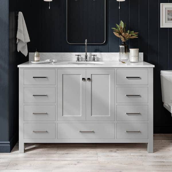 ARIEL Cambridge 54 in. Single Sink Freestanding Bathroom Vanity in Gray with Carrara White Marble Top