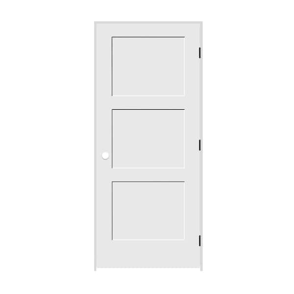 CODEL DOORS 36 in. x 80 in. 3 Panel Left Hand Solid Wood Primed White MDF Single Prehung Interior Door with Matte Black Hinges