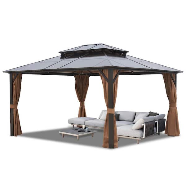 Endark 10 ft. x 12 ft. Brown Hardtop Gazebo with Polycarbonate Double Roof Pergola, Netting, and Curtain