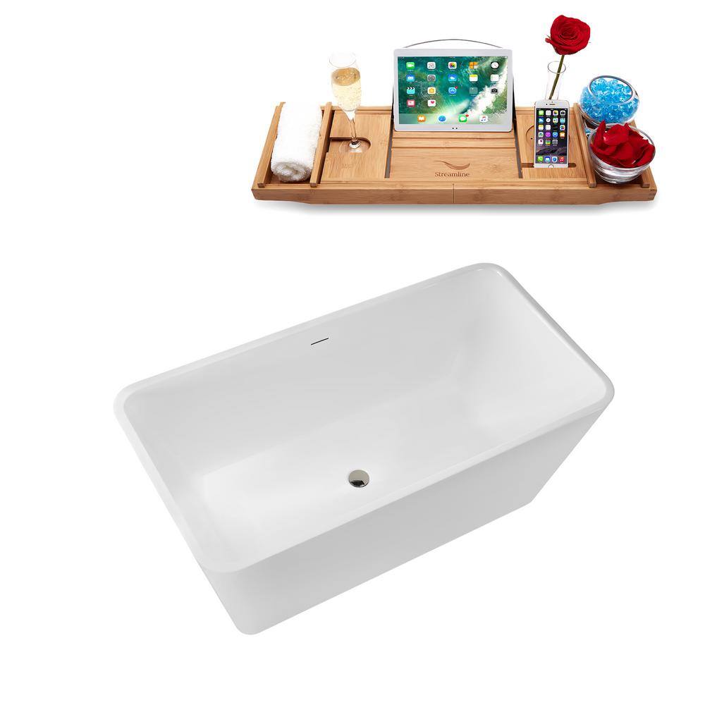 59" Glossy White Acrylic Freestanding Soaking Tub with Bamboo Tray