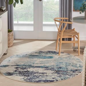 Celestial Ivory/Teal Blue 5 ft. x 5 ft. Abstract Modern Round Area Rug