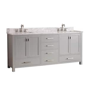 Modero 73 in. W x 22 in. D x 35 in. H Vanity in Chilled Gray with Marble Vanity Top in Carrera White and White Basins