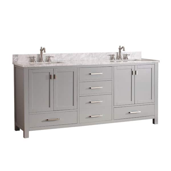 Avanity Modero 73 in. W x 22 in. D x 35 in. H Vanity in Chilled Gray with Marble Vanity Top in Carrera White and White Basins