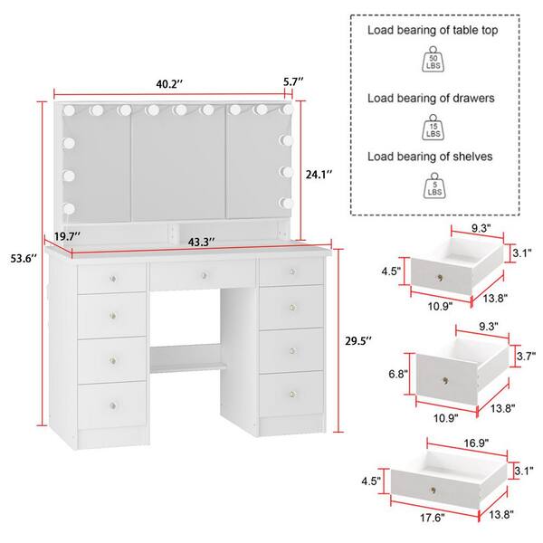 FUFU&GAGA White Modern Makeup Vanity Desk 9 Drawers Wood Dressing Table  With 3 Mirrors, Hidden Storage Shelves, LED Lighted KF210213-01 - The Home  Depot