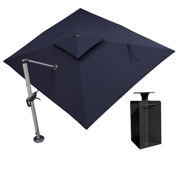 PURPLE LEAF 9 ft. x 11 ft. High-Quality Aluminum Cantilever Polyester Outdoor Patio Umbrella with Base in Ground, Navy Blue