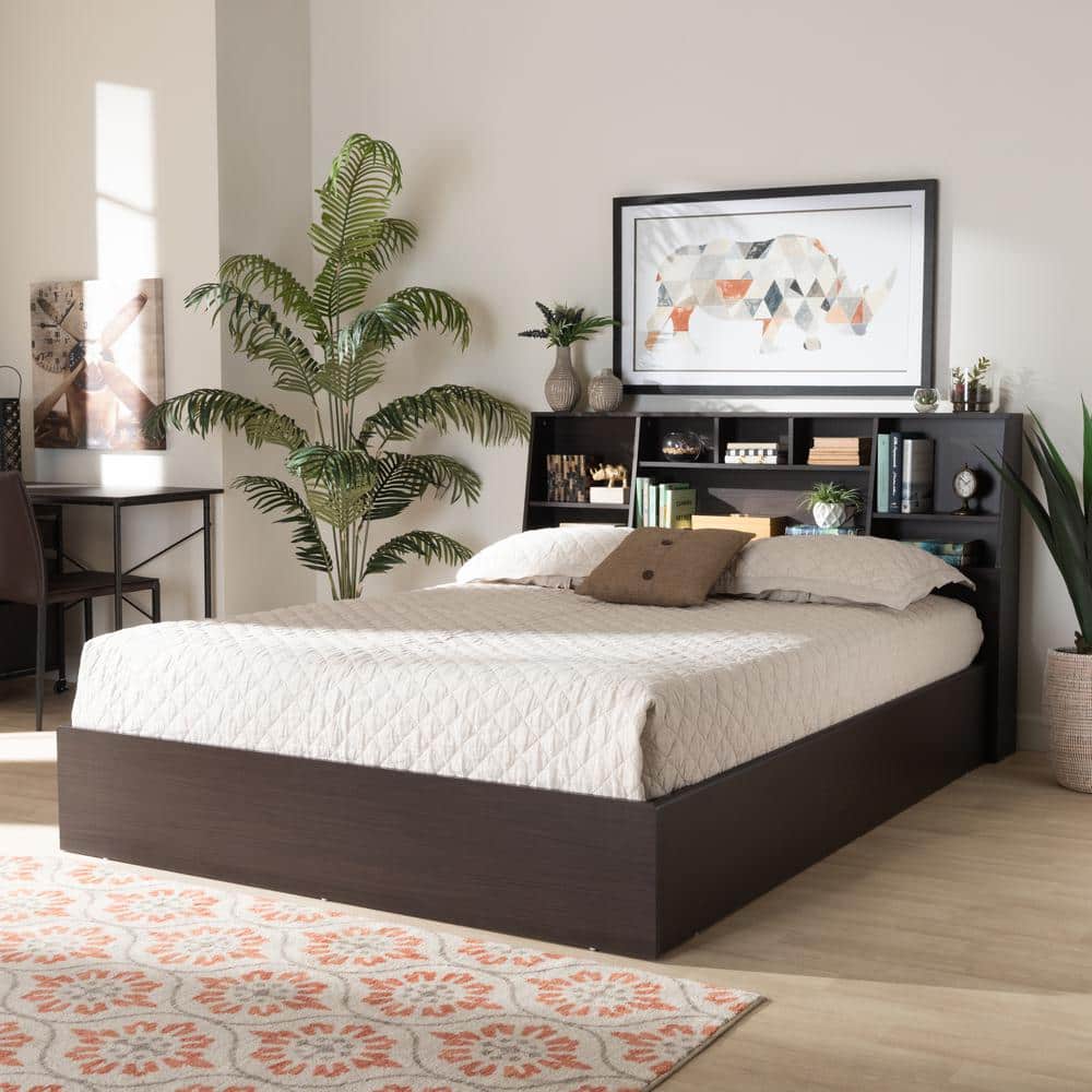 Ergonomic Queen Geoffrey Dark Brown Wood Storage Bed with Bookcase Headboard