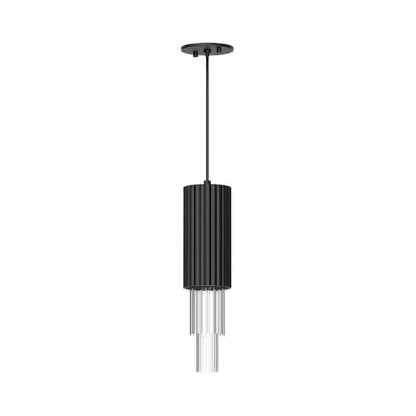 KUZCO Bordeaux 11-Watt 1-Light Matte Black/Clear Ribbed Glass Pendant Light